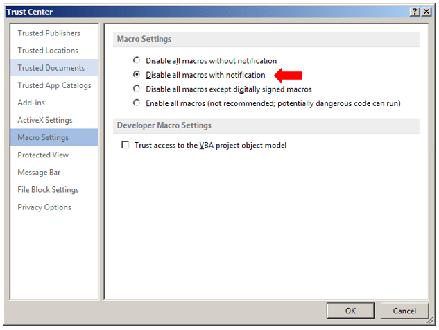 White Oak Security shares a screenshot of the Trust Center and the Macro setting selected says "Disable all macros with notification"