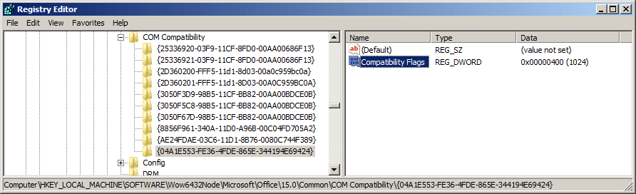 In the regedit White Oak Security selects the compatibility flags option with settings of 0x00000400