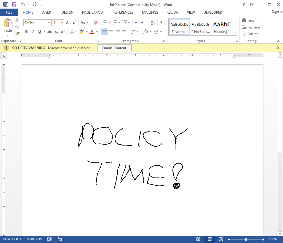 White Oak Security opens the Word Doc with kill bit policy and prompts to enable macros
