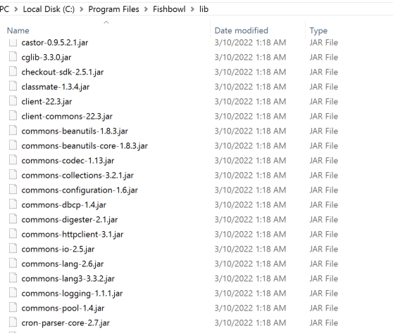 The libraries, seen in this screen grab by White Oak Security, within the Fishbowl Inventory application deployment include several references to the Apache Commons collections, which would allow us to use one of the payloads pre-existing in ysoserial (3).