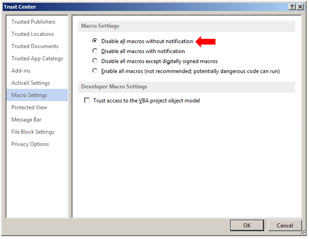 White Oak Security shares a screenshot of the Trust Center and the Macro setting selected says "Disable all macros withOUT notification"