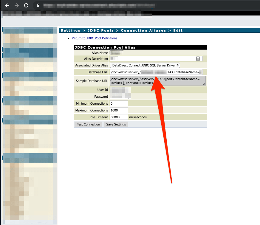 there was a JDBC connection pool alias with previously configured information. The database URL contained the host information the application was connecting to, as well as a user ID and password. Another important functionality was the “Test Connection” feature to verify the connection works.