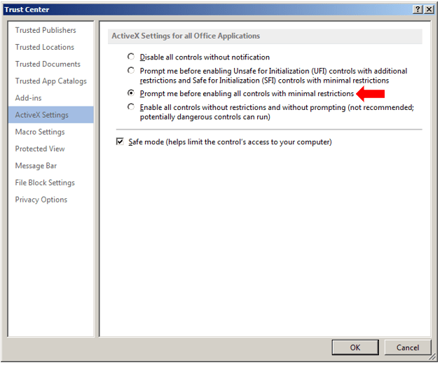 White Oak Security shares a screenshot of the Trust Center and the ActiveX Settings for All Office Apps setting selected says "Prompt me before enabling all controls with minimal restrictions"