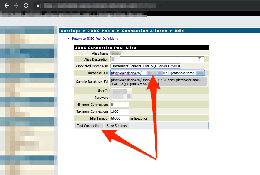 White Oak Security changed the database URL to the IP address of our externally facing Responder agent, then clicked the “Test Connection” button.