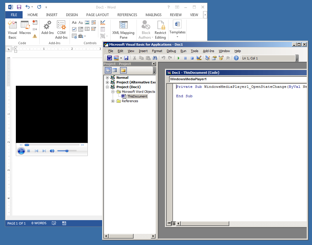 White Oak Security makes a new Word doc, insert a Windows Media Player Control, double-click to populate the VBA project, and save it as a Macro-Enabled Document file (DOCM)