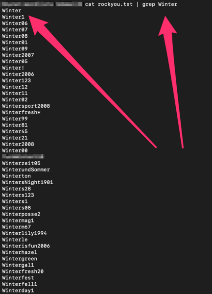 Making a quick search through the wordlist for the base word of “Winter” –  this image by White Oak Security shows the results of various winter passwords.