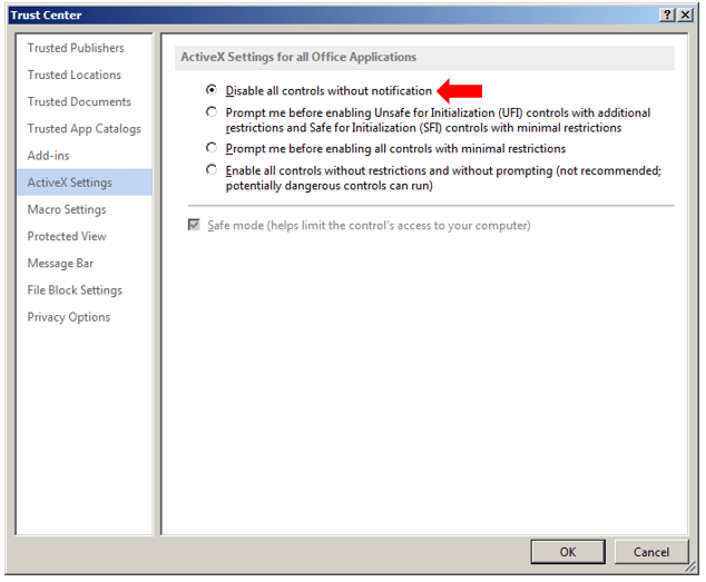 White Oak Security shares a screenshot of the Trust Center and the ActiveX Settings for All Office Apps setting selected says "Disable all controls without notification"