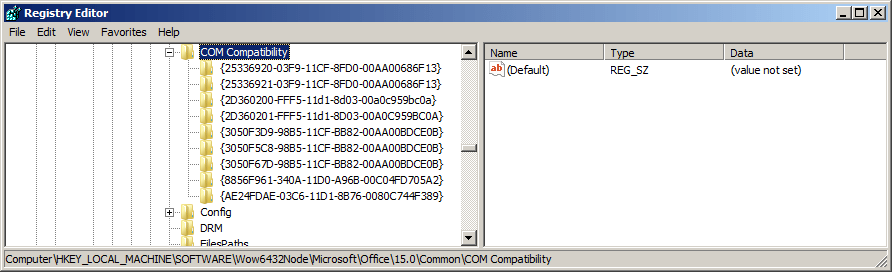 HKEY_LOCAL_MACHINE\SOFTWARE\Wow6432Node\Microsoft\Office\15.0\Common\COM Compatibility Registry Editor screenshot from White Oak Security