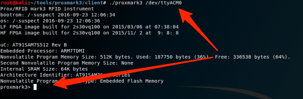 The following screenshot by White Oak Security shows a successful connection to the Proxmark3 (in the code).