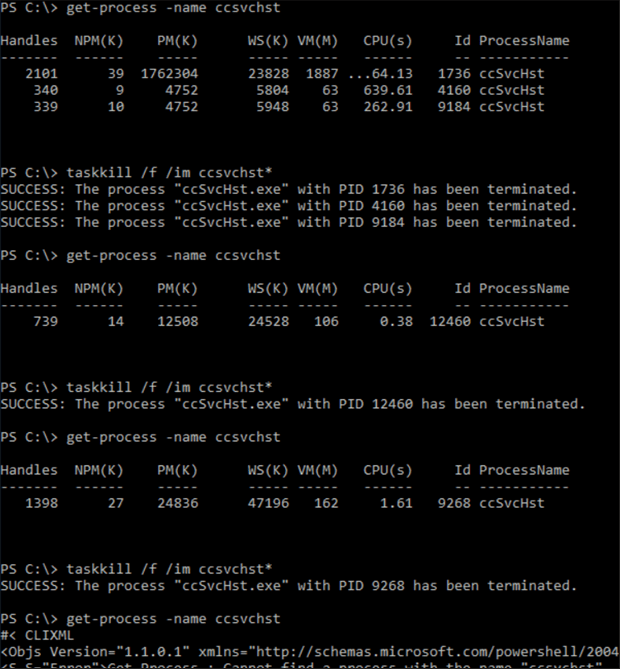 Screenshot showing Symantec Endpoint Protection disabled by killing the related ccSvcHst.exe process within the White Oak Security blog.