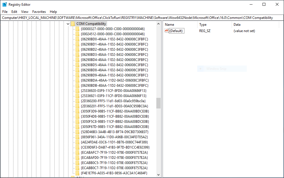 HKEY_LOCAL_MACHINE\SOFTWARE\Microsoft\Office\ClickToRun\REGISTRY\MACHINE\Software\Wow6432Node\Microsoft\Office\16.0\Common\COM Compatibility registry editor screenshot by White Oak Security