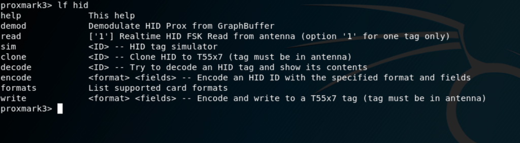 This screenshot of code by White Oak Security is of the command output once proxmark3> lf hid command goes through