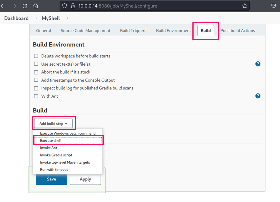 White Oak Security, a penetration testing company, photo caption: Click on “Build”, “Add build step”, select “Execute shell” for a Linux system or “Execute Windows batch command” for a Windows system