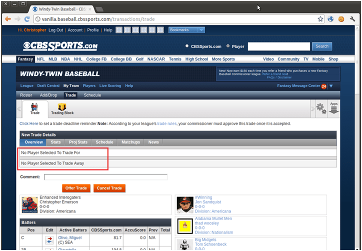 Figure 2. Attacker’s team’s trade page displaying the no current trade offers.