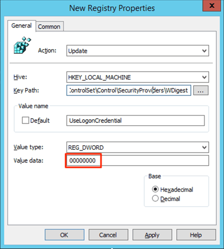 This shows to put the Input Value Type of “REG_DWORD” and a value of “00000000” to disable WDigest by White Oak Security's pentesters