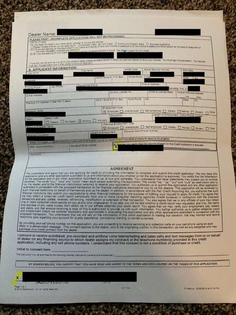 Loan Agreement page 2 has a ton of personal identifiable information found in used vehicle by White Oak Security’s penetration tester. 