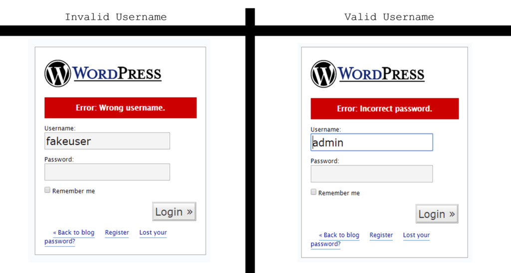 Error Messages On Main Login Screen By White Oak Security shows the invalid username on left vs the valid username on the right. 