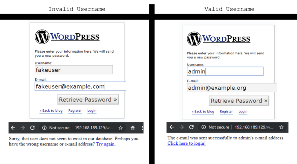 Error Messages On Forgot My Username/Password Screen By White Oak security shows an invalid username message on the left vs the valid username message on the right.