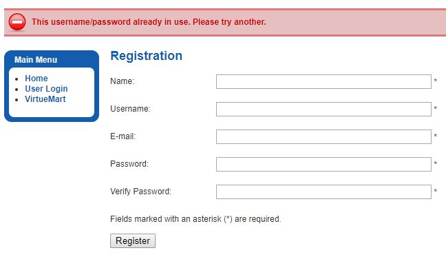 Screenshot by White Oak Security shows an attempt To Create An Account With A Known Email Address/User Account which displays that the username/password is already in use. 