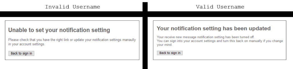 Email Unsubscribe Links Between the invalid username vs the valid username screenshot by White Oak Security 