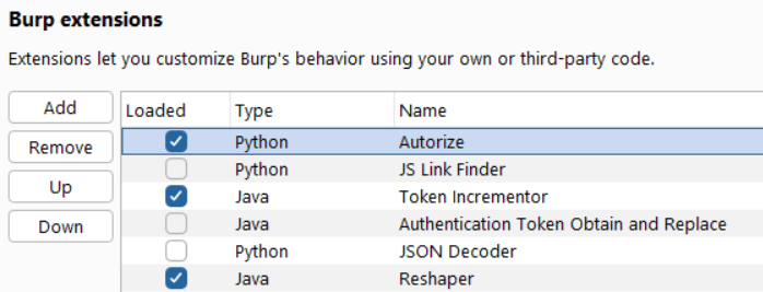 To make sure that the duplicate requests submitted by the Autorize extension reach the Reshaper plugin, it must be before Reshaper, so use the “Up” button to place it at the top of the list, white oak security screenshot