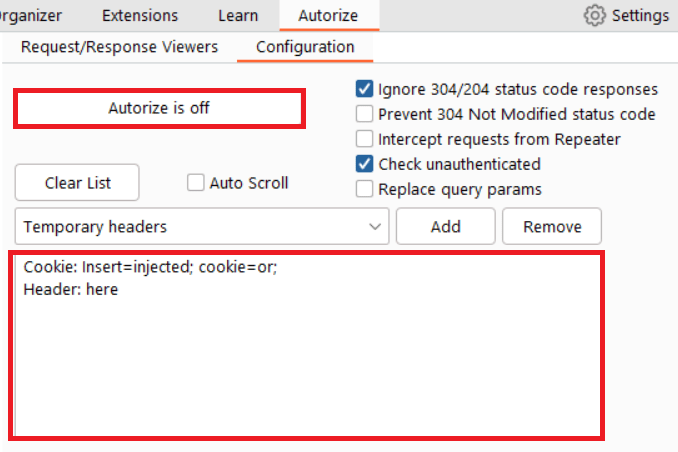 We can now log into the application and configure Autorize after authenticating in two browsers, one for the high-privilege user and one for the low. Input the low-permissioned user’s Cookie header in the “Temporary headers'' field and turn Autorize on. By white oak security 