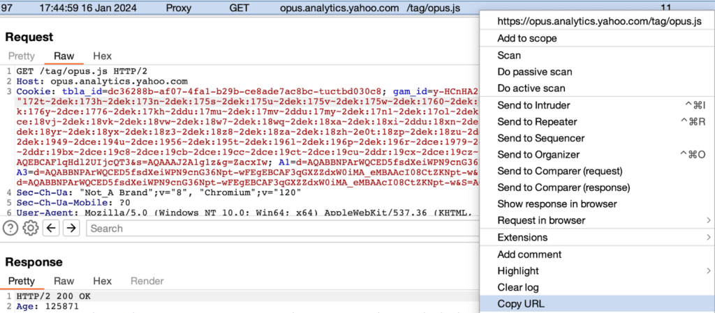 It was discovered after publishing the previous version that Burp saves its TLS Passthrough rules with an undocumented “file” regular expression parameter, which was unsupported by the first release of our extension. In the native TLS Passthrough workflow not using our extension, a user is likely to use the right-click context menu on a target request and use “Copy URL” code screenshot by white oak security, a cyber advisors company
