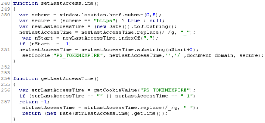 Some applications do weird unexpected things, and you will need to engage your curiosity and investigate them so that you can subvert them. This application sets and checks a custom token expiration cookie using the setLastAccessTime function when the user interacts with any form on a page: White oak security code setlastaccesstime block for session timeout 
