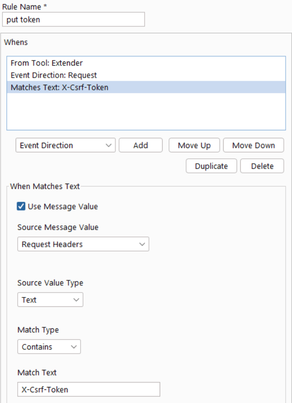 Finally, we only want to work with calls that already have the X-Csrf-Token header in them. [Matches Text: X-Csrf-Token] Screenshot by white oak security a cyber advisors company 