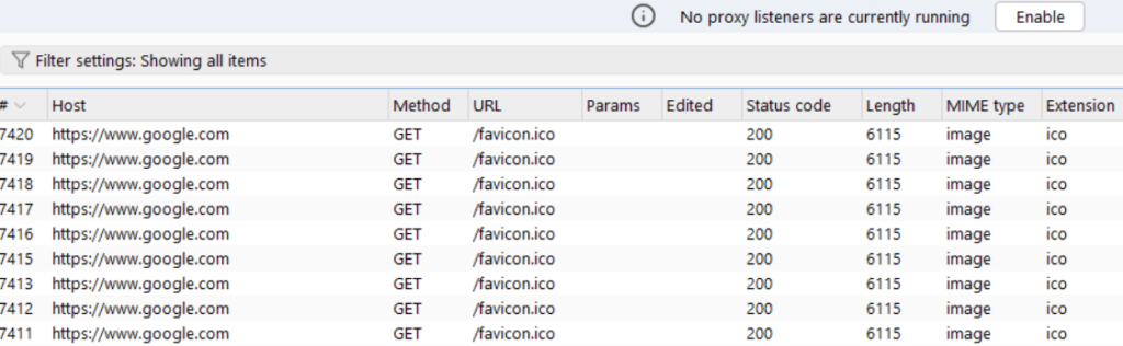 Refresh the browser. Even though the Proxy Listener is not “running”, the socket is still held open by the browser, and Burp does not terminate established connections when the Listener is disabled. The following requests were successfully submitted from the built-in browser, through Burp (logged in the Proxy History), while there were “no Proxy Listeners running” and Proxy Interception was turned on. None of the requests were actually Intercepted by Burp. Screen shot by white oak security and cyber advisors