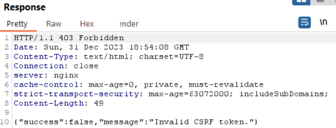 When Autorize automatically submits the lower permissioned user’s request, it will fail when the application server rejects the stale CSRF token, white oak security screenshot