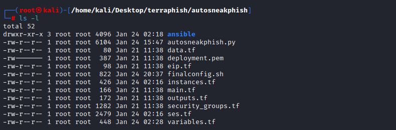 White Oak Security shows a code kali screenshot of terraphish/autosneakphish with all the roots and ansible, autosneakphish.py, data.tf, deployment.pem, eip.tf, finalconfig.sh, instances.tf, main.tf, outputs.tf, security_groups.tf, ses.tf, and variables.tf