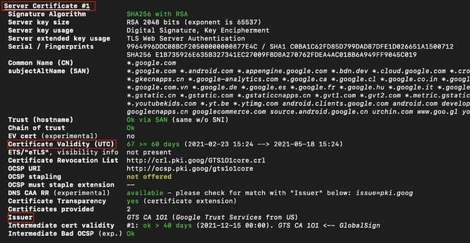 Testssl.sh tool showing the certificates validity and issuer in this screenshot by white oak security. 