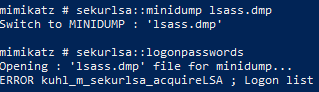 mimikatz error message when extracting corrupted LSASS memory dump screenshot by white oak security