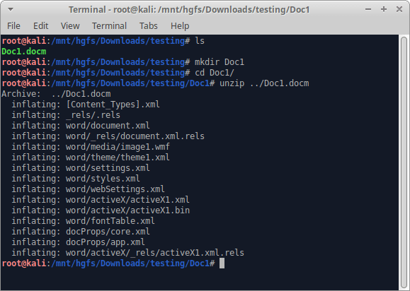 Once we’ve got it saved, we’ll hop into a Linux terminal to unpack, edit and repack the Word doc. The first thing we’ll do is make a directory and unzip the DOCM file shown here in this screenshot by White Oak Security
