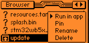 Browser > update > run in app flipper zero screen grab by White Oak Security