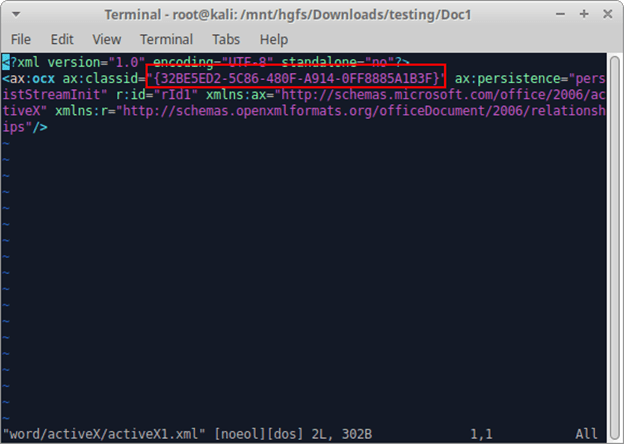Then we’ll open the file word/activeX/activeX1.xml. Note that there’s a CLSID associated with the RDPViewer ActiveX Control. We’ll be modifying that here in this screenshot