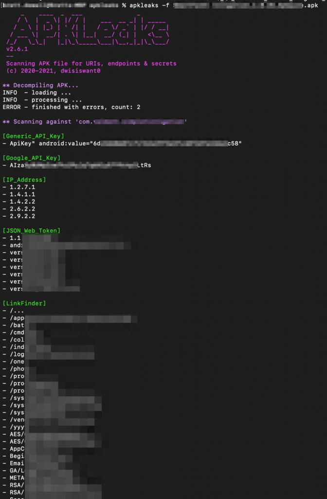 Now let’s move into some real examples – I went ahead and downloaded a couple of APK files from APKPure to test this tool against. To prevent any exposure of the application tested against - I went ahead and blurred the output of the tool but you get the jist of it.