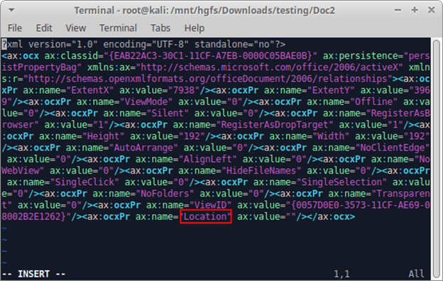 Then we’ll open the word/activeX1/activeX1.xml file to see the new content. I’ve gone ahead and highlighted the parameter that we’ll want to modify, which is location.