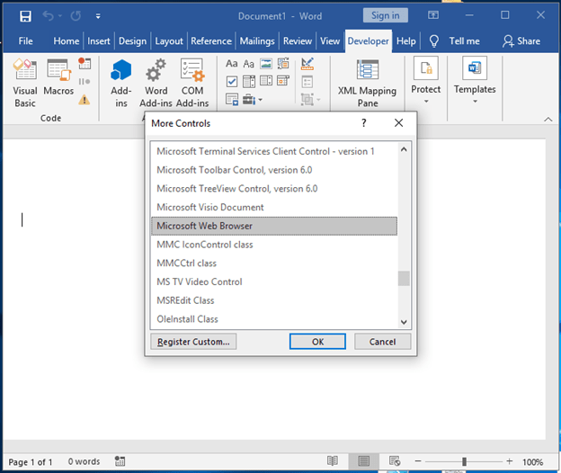 White Oak Security opens the word doc controls and sees Microsoft Web Brower option