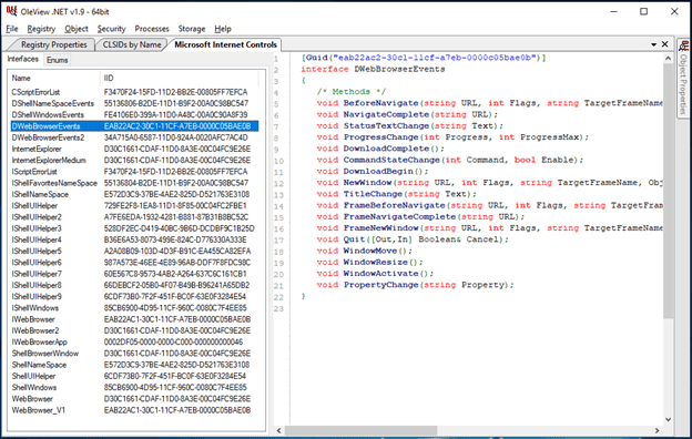 Oleview DWebBrowserEvents screenshot by White Oak Security