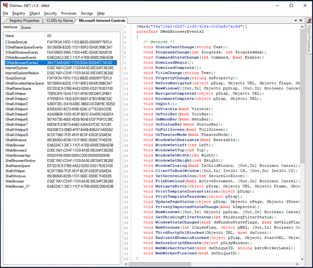Oleview DWebBrowserEvents2 screenshot by White Oak Security