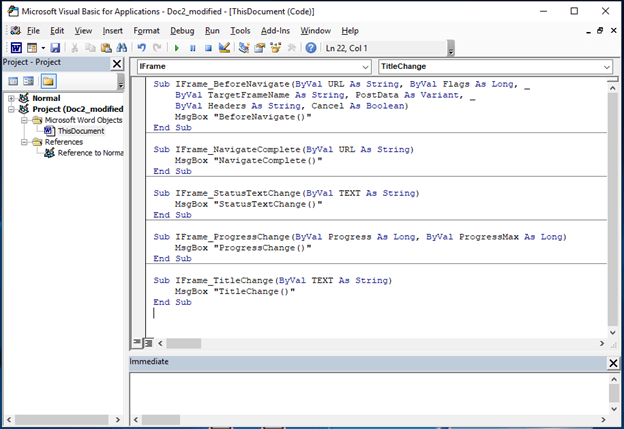 At this point, it’s relatively straightforward how to define the functions in VBA. The following is a pretty basic code for triggering these event handlers shown in this screenshot.