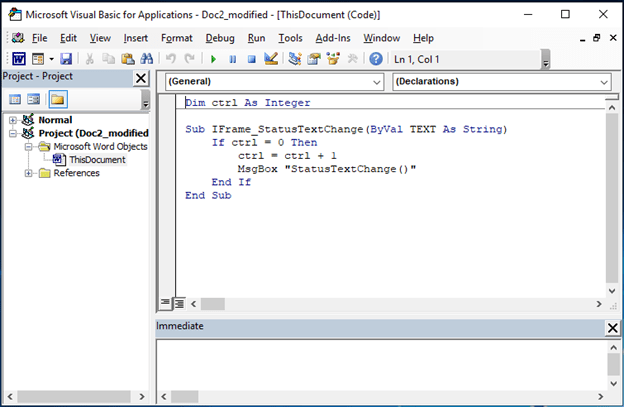 Here’s an example of the stripped-out VBA code, and the usage of a global variable to permit the triggering of a payload only once by White Oak Security